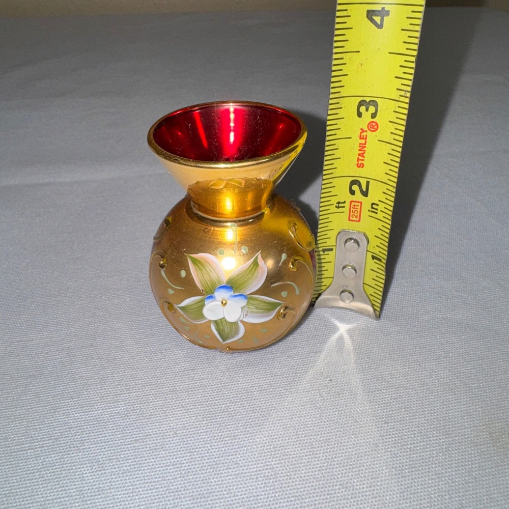 Vintage Murano Venetian Ruby Red Glass Bud Vase 24K Gold Overlay Hand Painted 3"